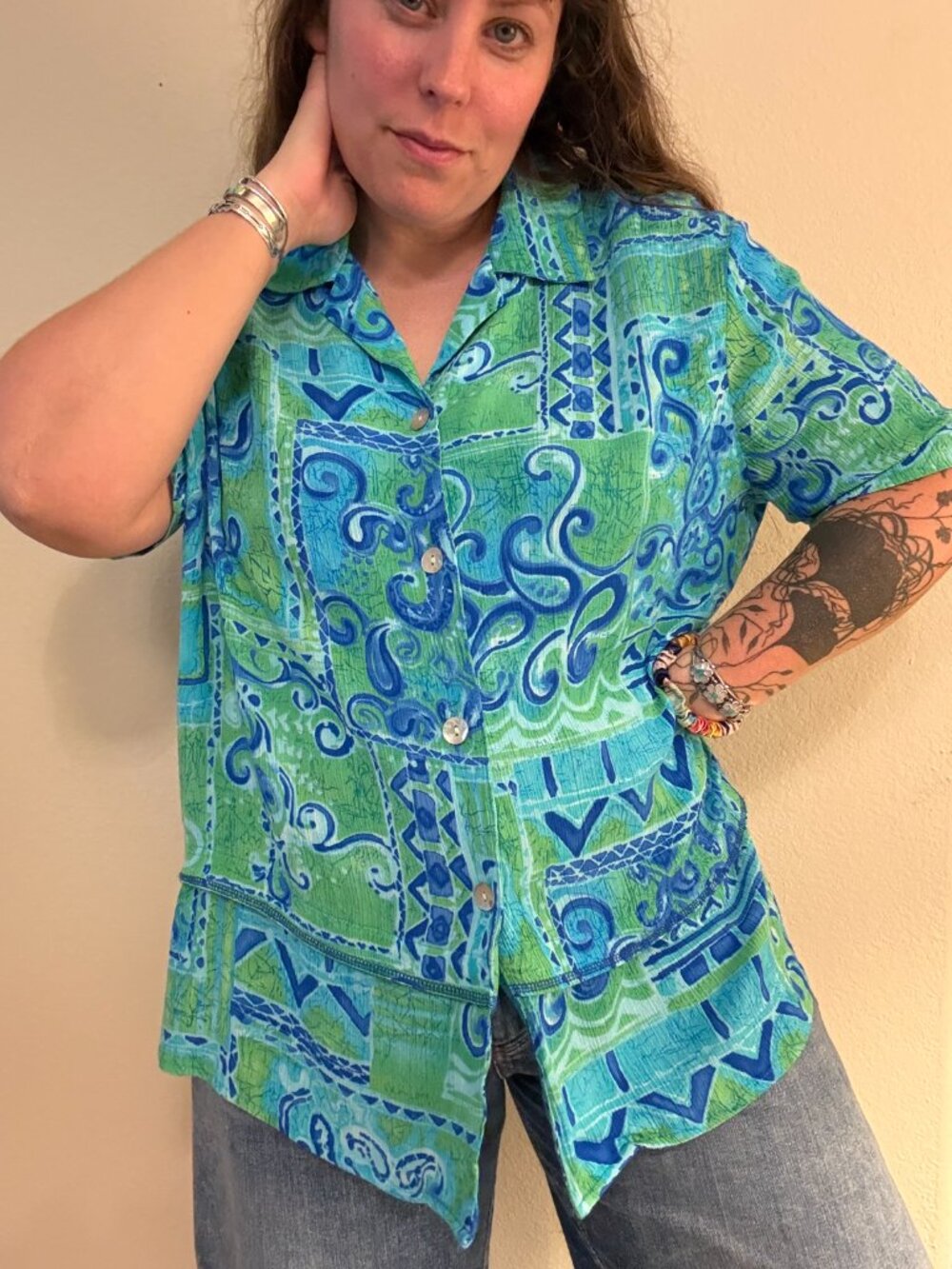 Vintage 90s CM Shapes Blue Green Printed Button Down Blouse L/XL - Picture 10 of 10